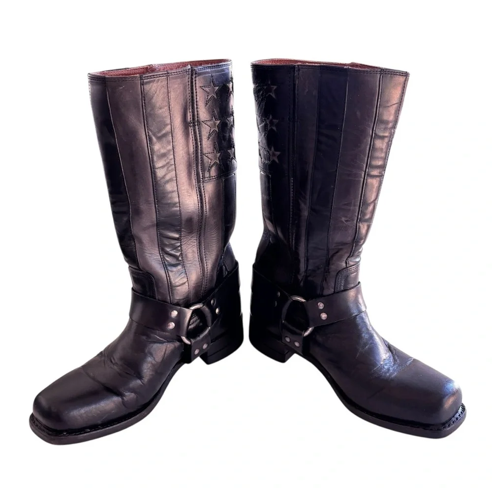 Frye 150th Anniversary USA Black Leather Flag Boots Sz 10